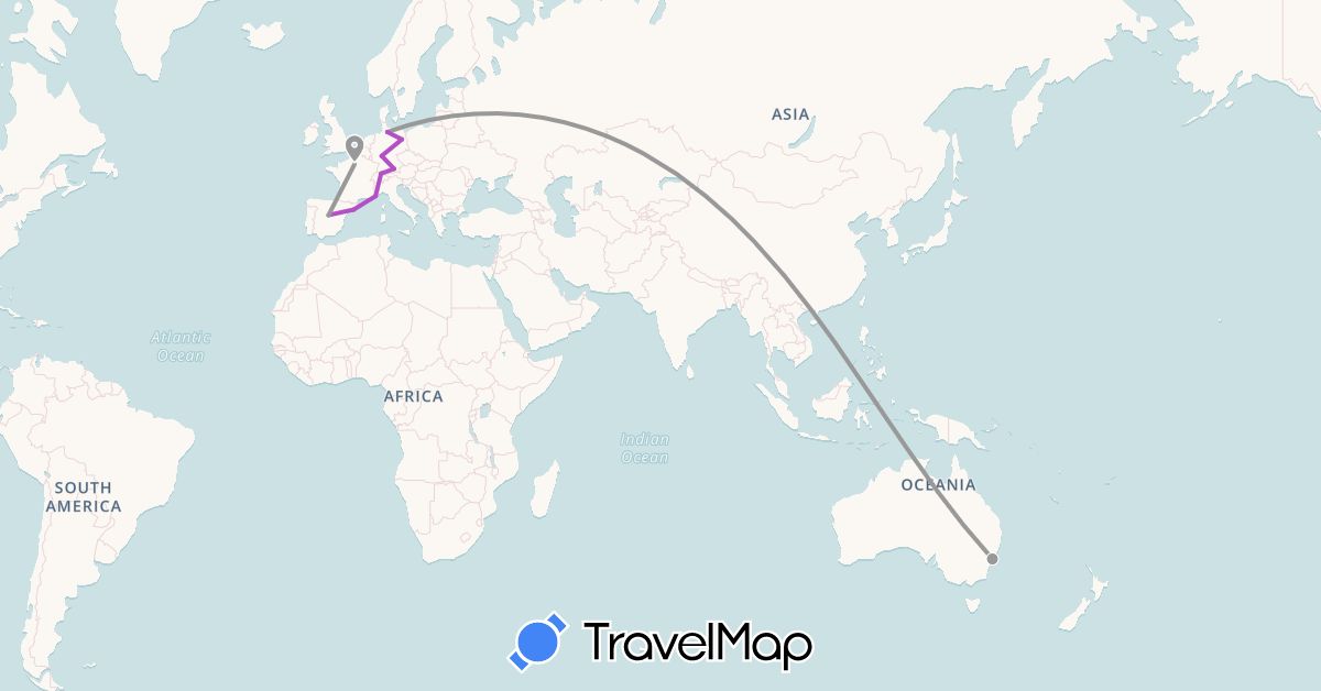 TravelMap itinerary: driving, plane, train in Australia, Switzerland, Germany, Spain, France (Europe, Oceania)